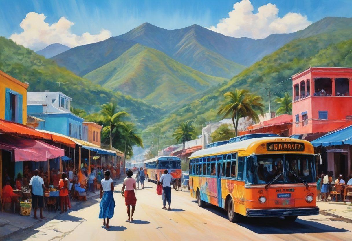 A vibrant collage showcasing the rich culture of Haiti, featuring traditional Haitian art, colorful tap-tap buses, and scenic landscapes with lush mountains in the background. Include elements like local cuisine dishes, a marketplace bustling with activity, and welcoming locals. The sky should be bright and blue, emphasizing the warmth of the Haitian spirit. watercolor painting, vibrant colors.