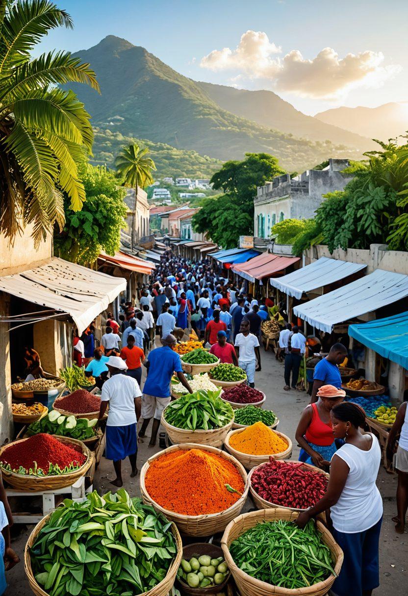 A vibrant street market scene in Haiti, showcasing colorful local produce, spices, and street food stalls filled with traditional Haitian dishes. In the background, friendly locals engage in warm conversations, while the sun sets, casting a golden glow. Include lush greenery and the vibrant architecture of Haiti. super-realistic. vibrant colors.