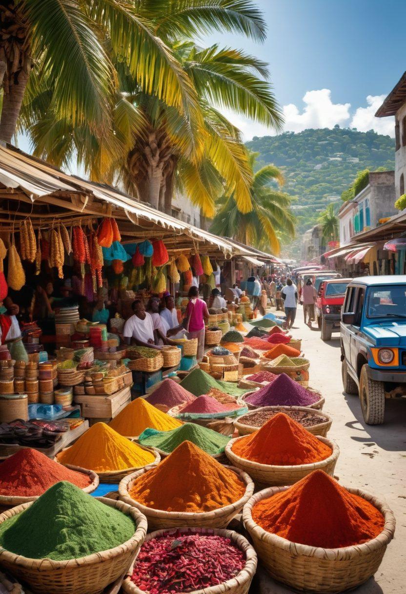 A vibrant street scene in Haiti showcasing colorful markets, local vendors selling spices and crafts, and smiling locals interacting with travelers. Include iconic landmarks in the background, such as a palm-fringed beach and lively street art. Capture the essence of Haitian culture and hospitality. super-realistic. vibrant colors. tropical atmosphere.